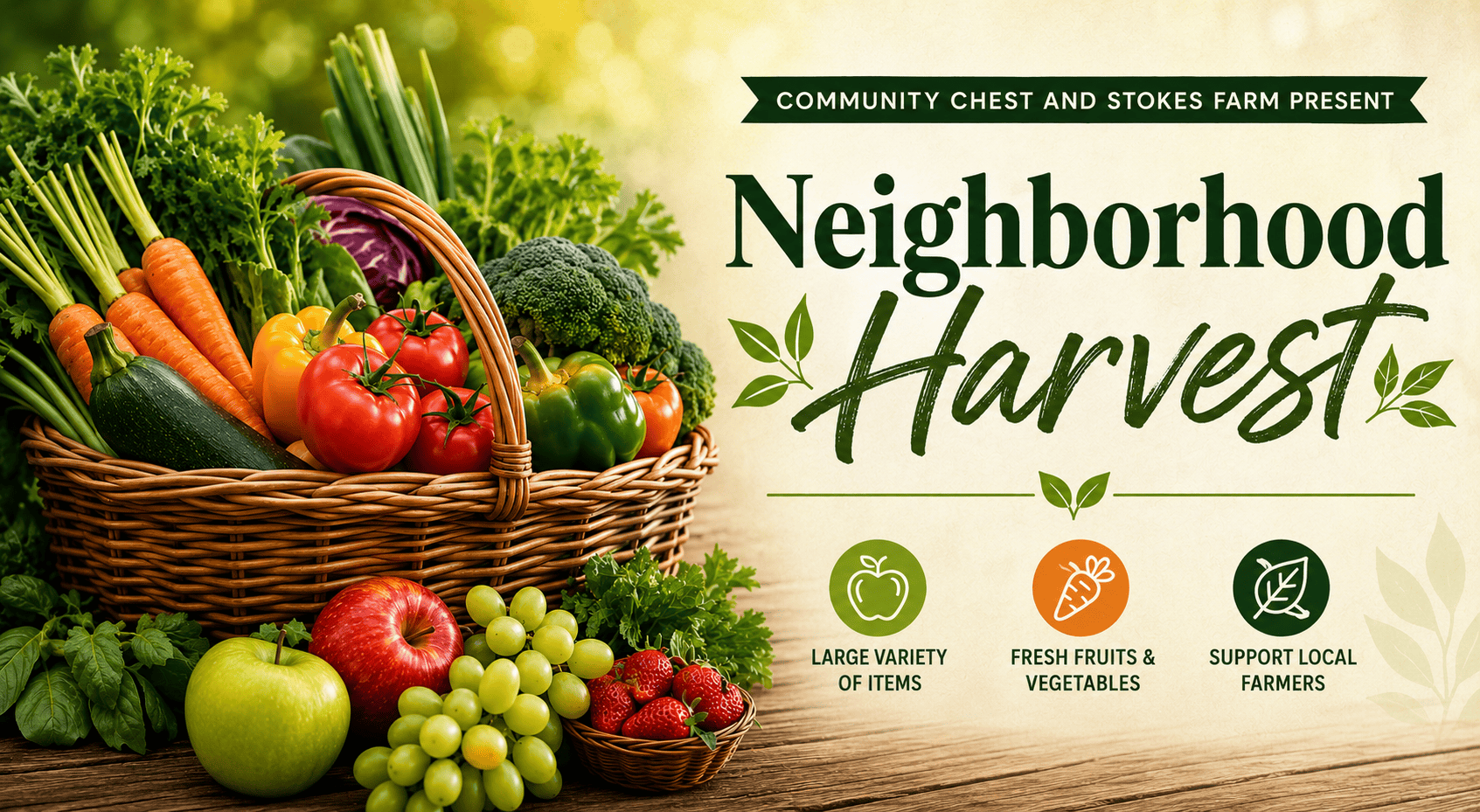 Neighborhood Harvest promotional banner featuring a basket of fresh fruits and vegetables representing a community program that provides affordable seasonal produce while supporting local farmers.